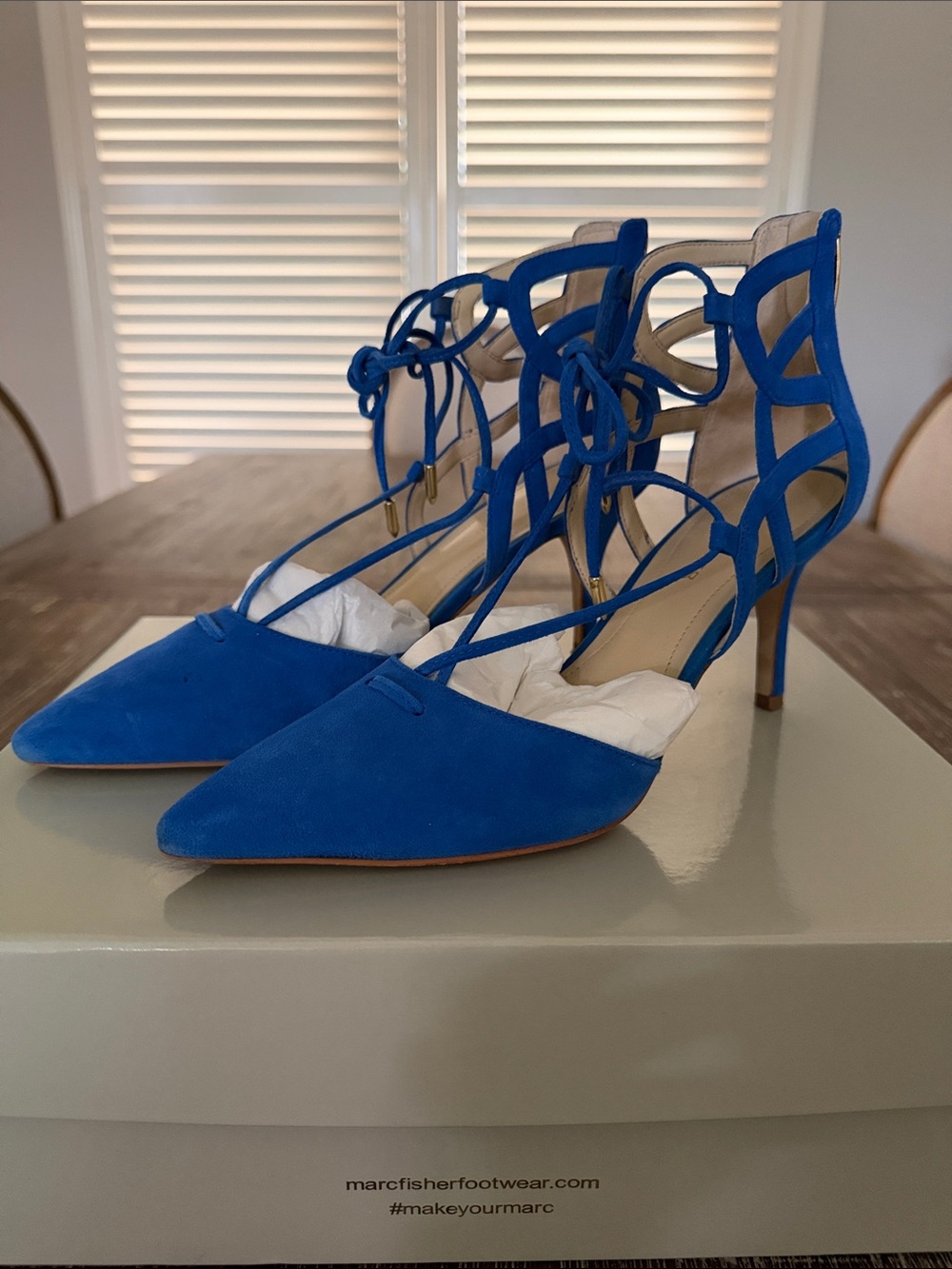 Marc Fisher Electric Blue Suede Lace-Up Pointed Heels
